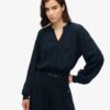 Blusa de manga larga con ribete de encaje y fruncidos