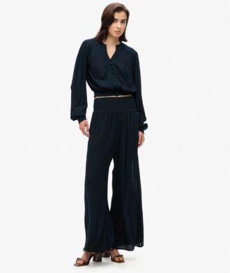 Blusa de manga larga con ribete de encaje y fruncidos