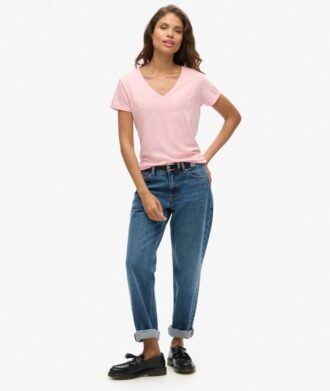 Camiseta con cuello en V bordada y efecto slub
