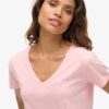 Camiseta con cuello en V bordada y efecto slub
