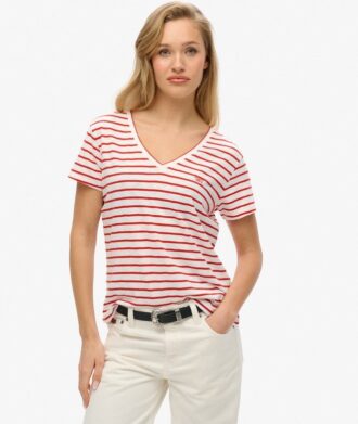 Camiseta con cuello en V bordado y efecto slub