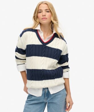 Jersey oversize de rayas con cuello en V y trenzado