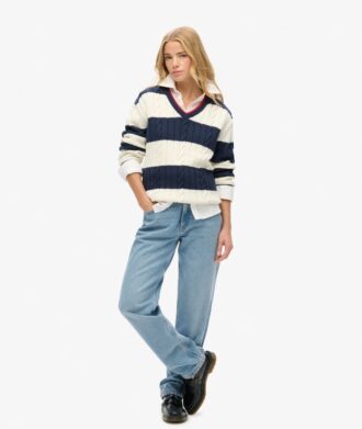 Jersey oversize de rayas con cuello en V y trenzado