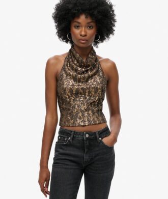 Top con cuello halter y volantes de lentejuelas