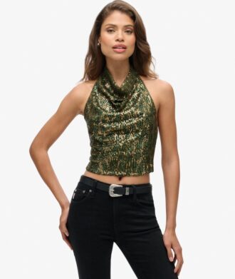 Top con cuello halter y volantes de lentejuelas