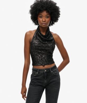 Top con cuello halter y volantes de lentejuelas