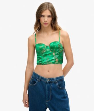 Top corsé con bordado floral de satén