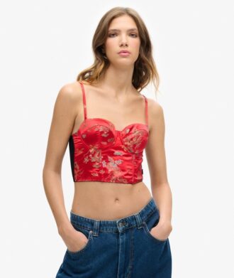 Top corsé con bordado floral de satén