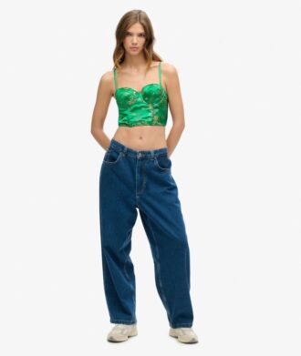 Top corsé con bordado floral de satén