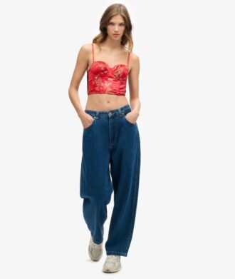 Top corsé con bordado floral de satén