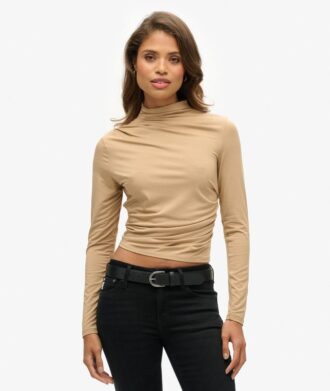 Top de manga larga con cuello alto fruncido