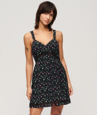 Vestido camisero con cuello en V y ribete de encaje