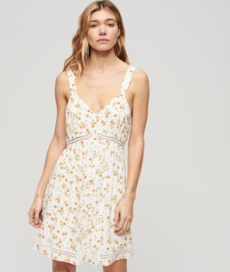 Vestido camisero con cuello en V y ribete de encaje