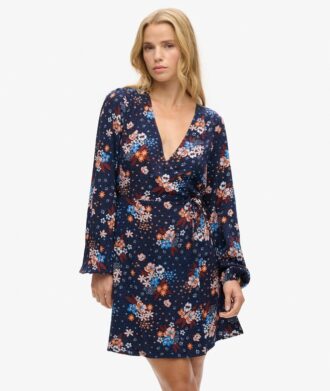 Vestido cruzado mini de manga larga y cuello en V