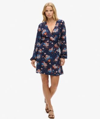 Vestido cruzado mini de manga larga y cuello en V