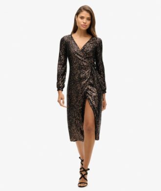 Vestido largo cruzado con lentejuelas
