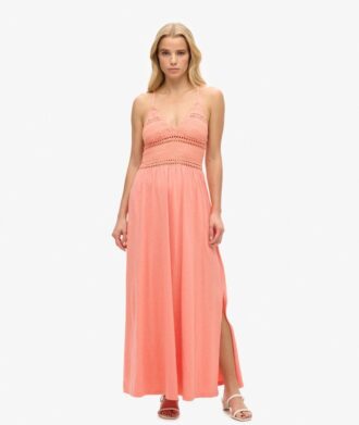 Vestido largo de jersey con encaje