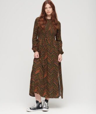 Vestido largo estampado con fruncidos