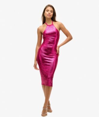 Vestido midi con cuello halter y lentejuelas