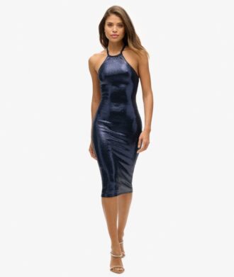 Vestido midi con cuello halter y lentejuelas
