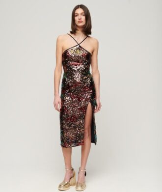Vestido midi con cuello halter y lentejuelas