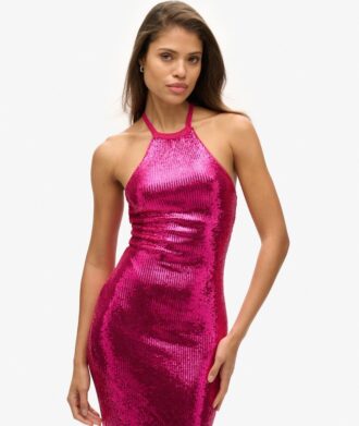 Vestido midi con cuello halter y lentejuelas