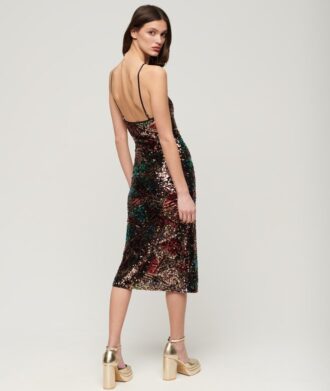 Vestido midi con cuello halter y lentejuelas