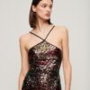 Vestido midi con cuello halter y lentejuelas