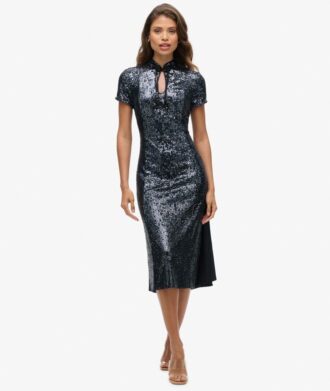 Vestido midi con lentejuelas mandarín