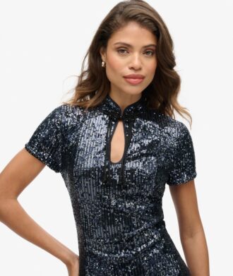 Vestido midi con lentejuelas mandarín