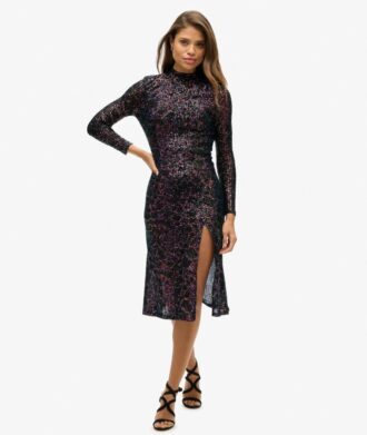 Vestido midi con lentejuelas y espalda descubierta