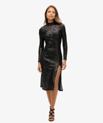 Vestido midi con lentejuelas y espalda descubierta