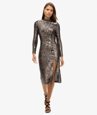Vestido midi con lentejuelas y espalda descubierta