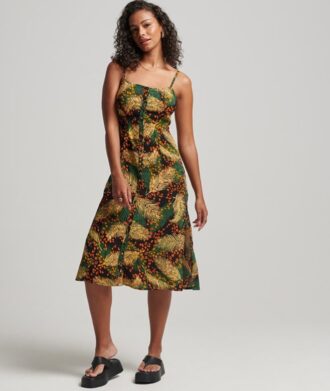 Vestido midi con tirantes y botones estampados
