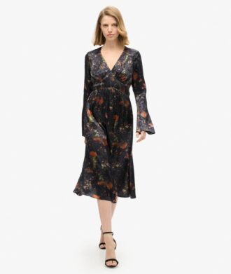Vestido midi de jacquard con mangas acampanadas
