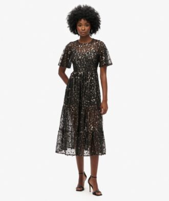 Vestido midi de malla con volantes