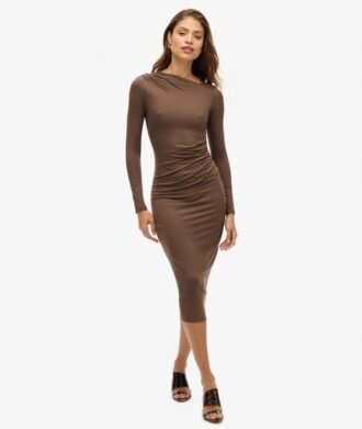 Vestido midi de manga larga con fruncidos