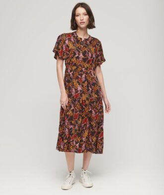 Vestido midi estampado de manga corta y volantes