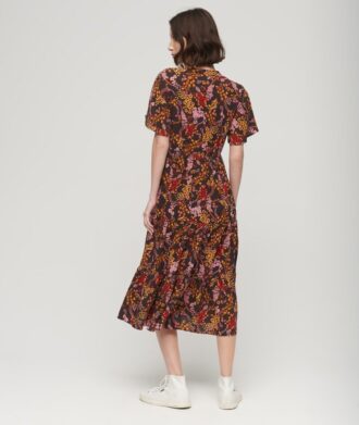 Vestido midi estampado de manga corta y volantes