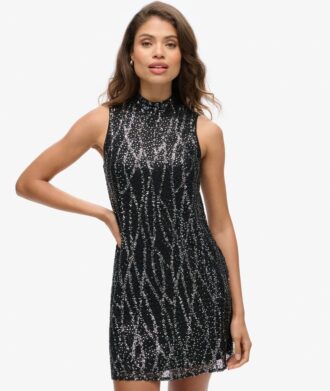 Vestido mini sin mangas con lentejuelas y corte en A